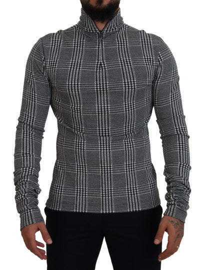 Grauer karierter Pullover mit schmalem Rollkragen
