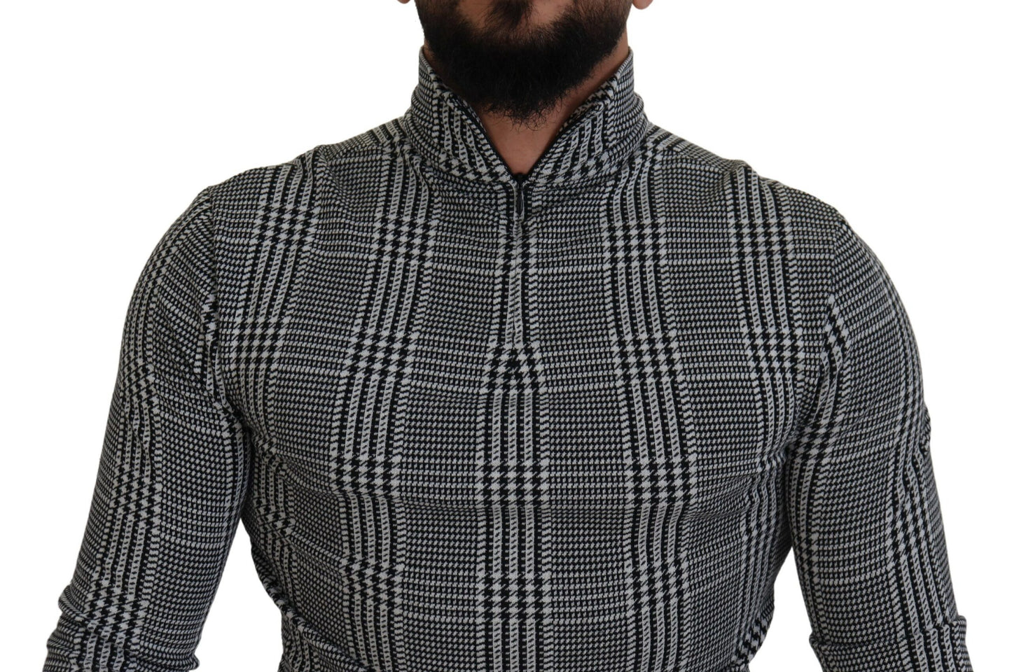 Grauer karierter Pullover mit schmalem Rollkragen