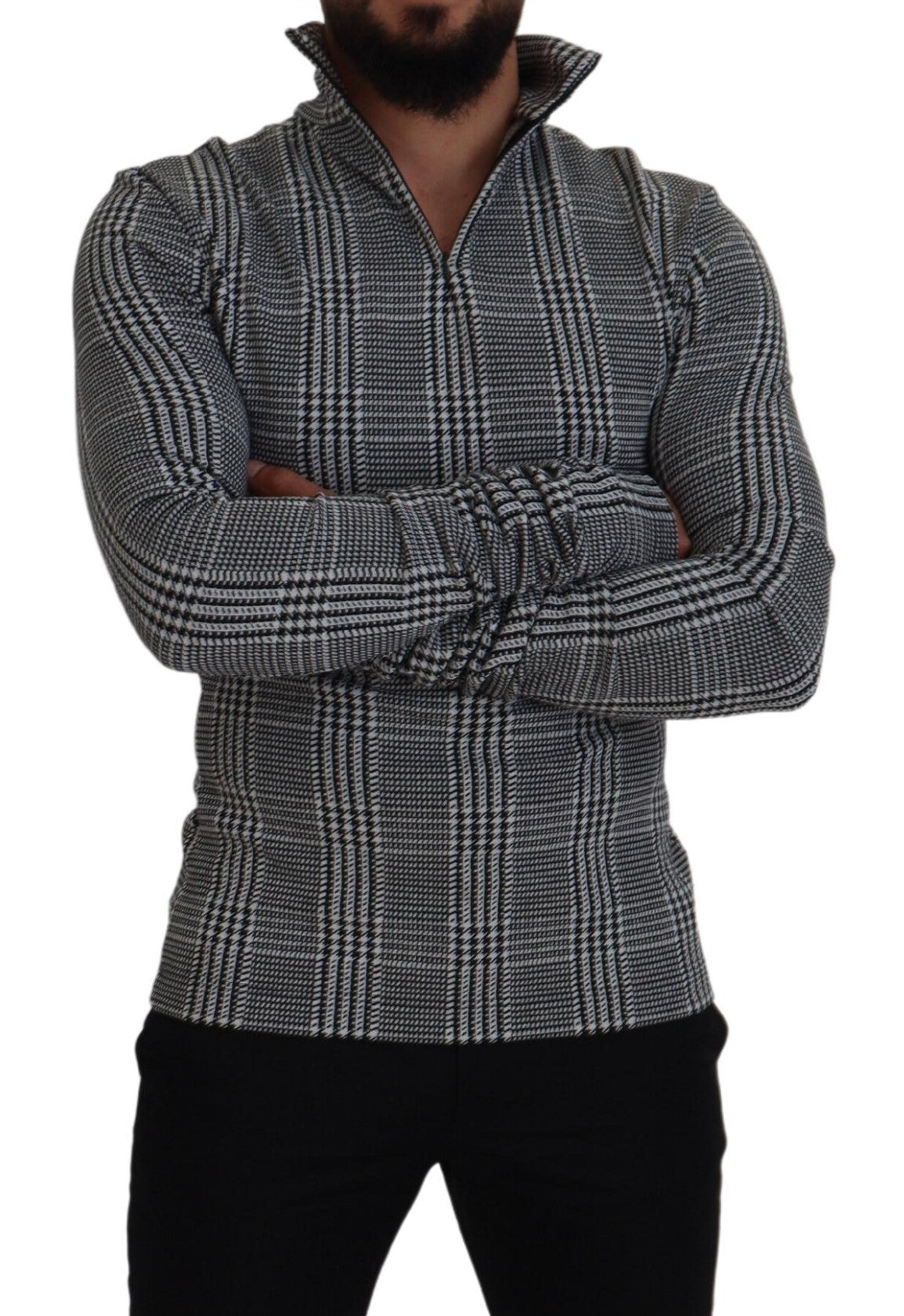 Grauer karierter Pullover mit schmalem Rollkragen