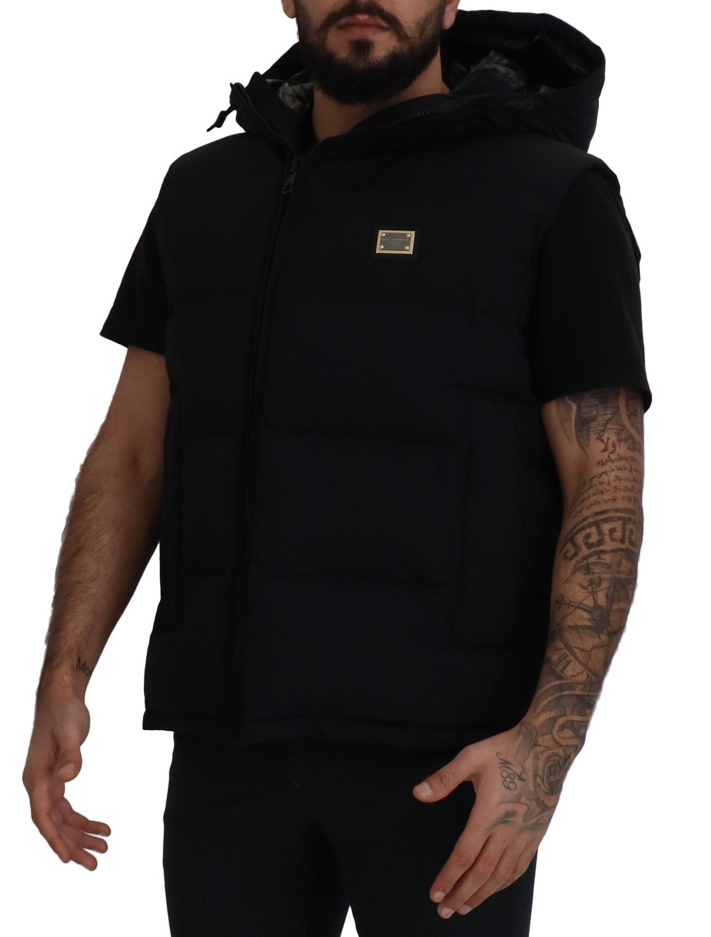Schwarze Polyester Jacke mit Kapuze und kurzen Ärmeln