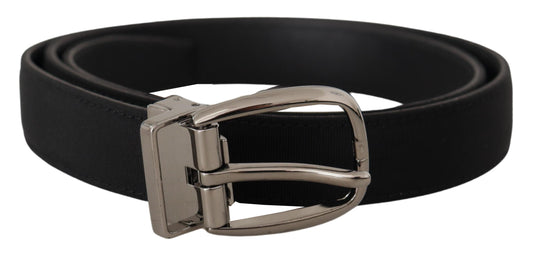 Schwarzer Grosgrain-Ledergürtel mit silberner Logoschnalle