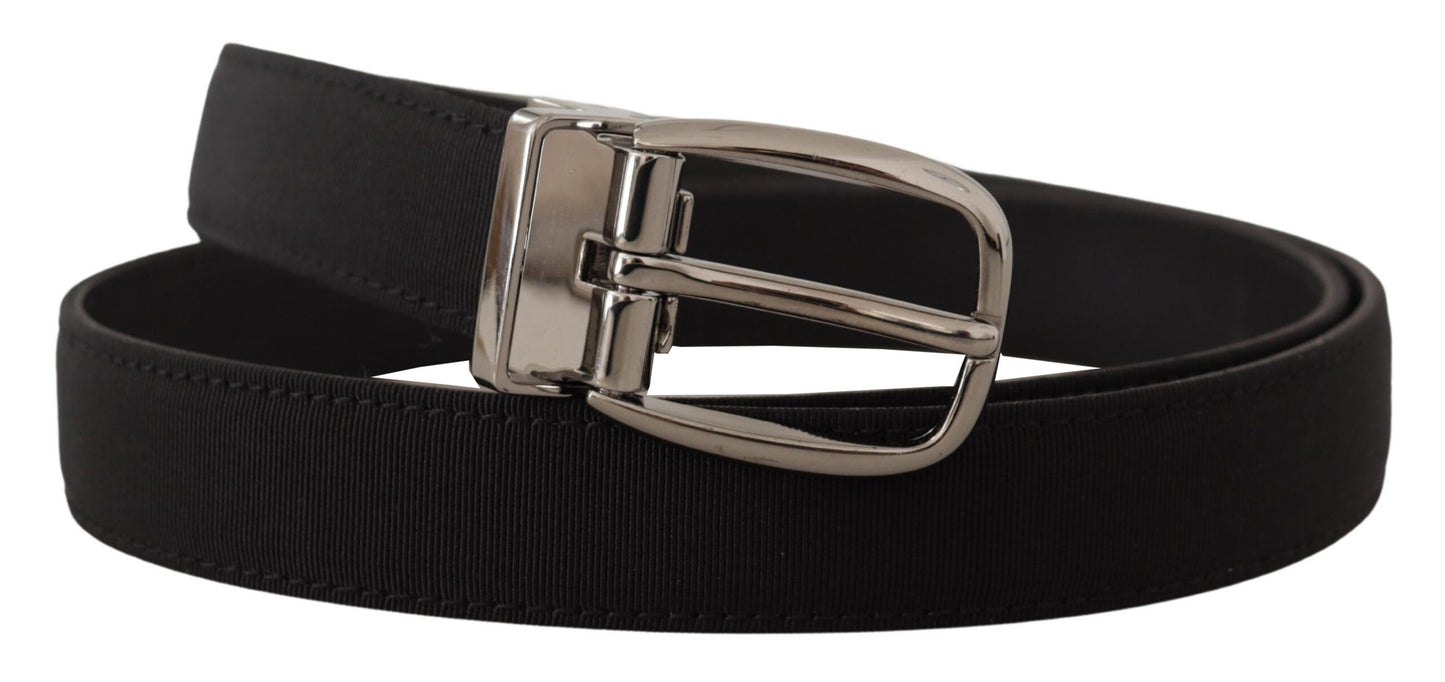 Schwarzer Grosgrain-Ledergürtel mit silberner Logoschnalle