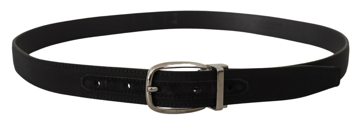 Schwarzer Grosgrain-Ledergürtel mit silberner Logoschnalle