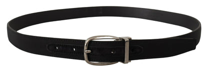Schwarzer Grosgrain-Ledergürtel mit silberner Logoschnalle