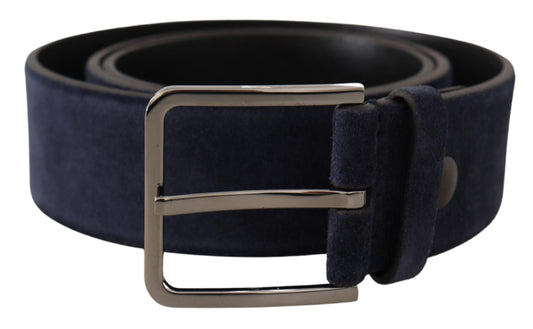 Marineblauer Samtledergürtel mit silberner Logoschnalle