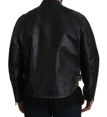Schwarzer Leder Bikermantel mit Reißverschluss Jacke