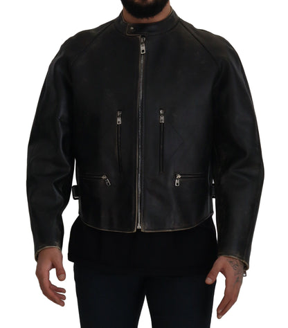 Schwarzer Leder Bikermantel mit Reißverschluss Jacke