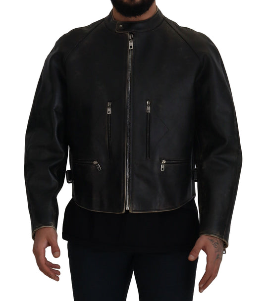 Schwarzer Leder Bikermantel mit Reißverschluss Jacke