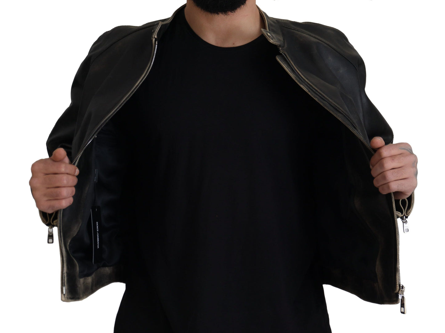 Schwarzer Leder Bikermantel mit Reißverschluss Jacke