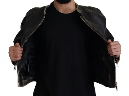 Schwarzer Leder Bikermantel mit Reißverschluss Jacke