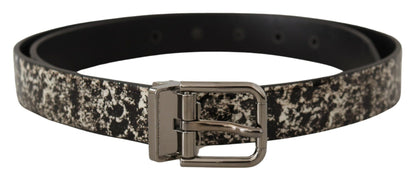 Schwarzer Marmor Print Leder Silberne Logoschnalle Gürtel
