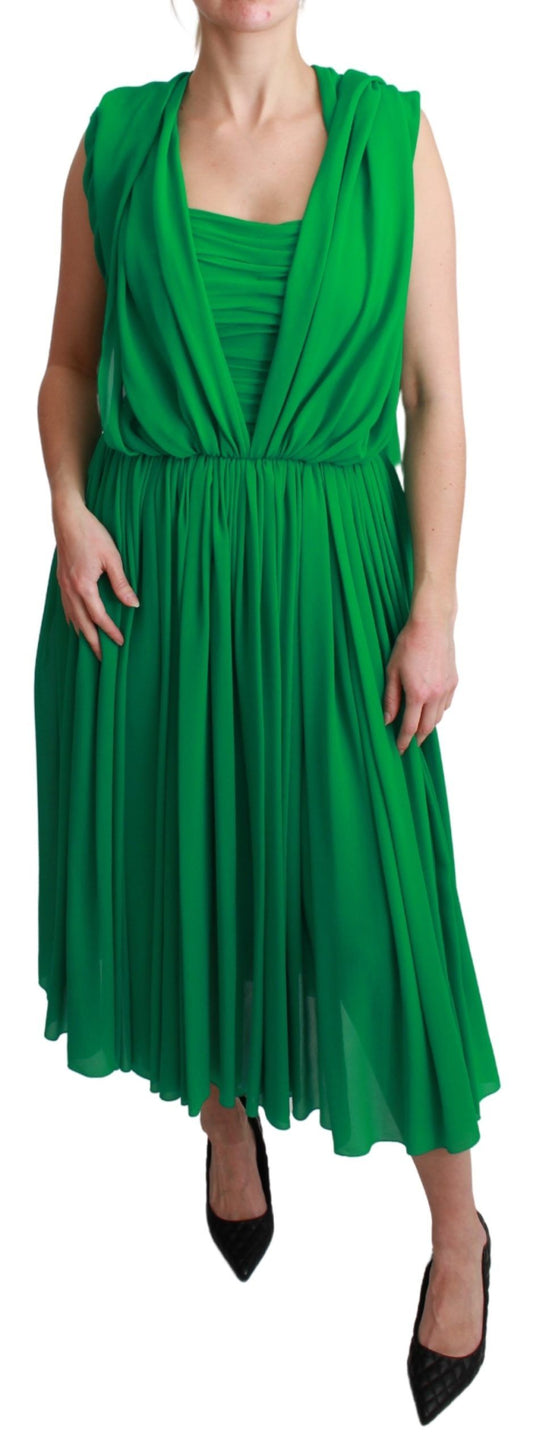 100% Seide Grünes ärmelloses plissiertes Maxikleid