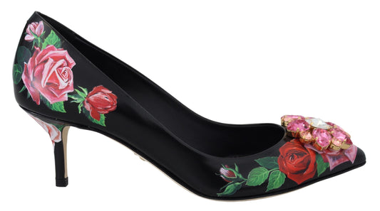 Schwarz Floral Print Crystal Heels Pumps Schuhe