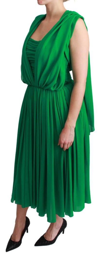 100% Seide Grünes ärmelloses plissiertes Maxikleid
