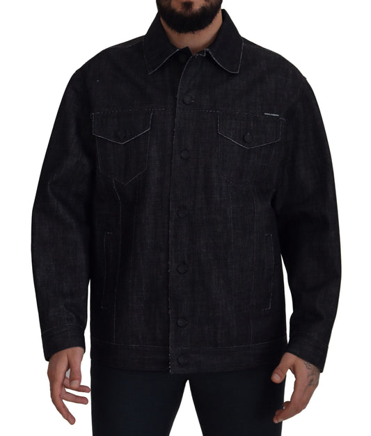 Schwarze Baumwoll-Denimjacke mit Knopfleiste