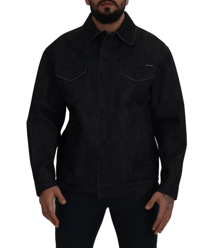 Schwarze Baumwoll-Denimjacke mit Knopfleiste