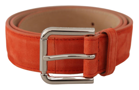 Orangefarbener Leder-Wildleder-Gürtel mit silberner Logo-Metallschnalle