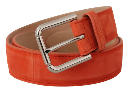 Orangefarbener Leder-Wildleder-Gürtel mit silberner Logo-Metallschnalle