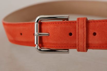 Orangefarbener Leder-Wildleder-Gürtel mit silberner Logo-Metallschnalle