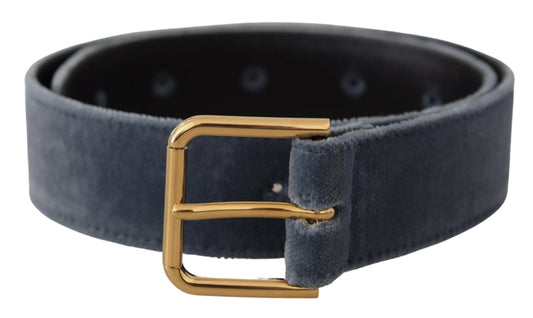 Marineblauer Samtgürtel mit goldener Metall-Logo-Gürtelschnalle