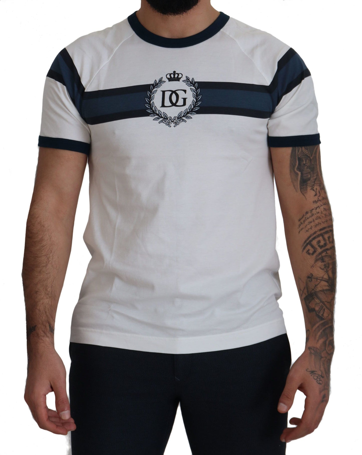 Weiß-blaues T-Shirt mit Rundhalsausschnitt aus Baumwolle