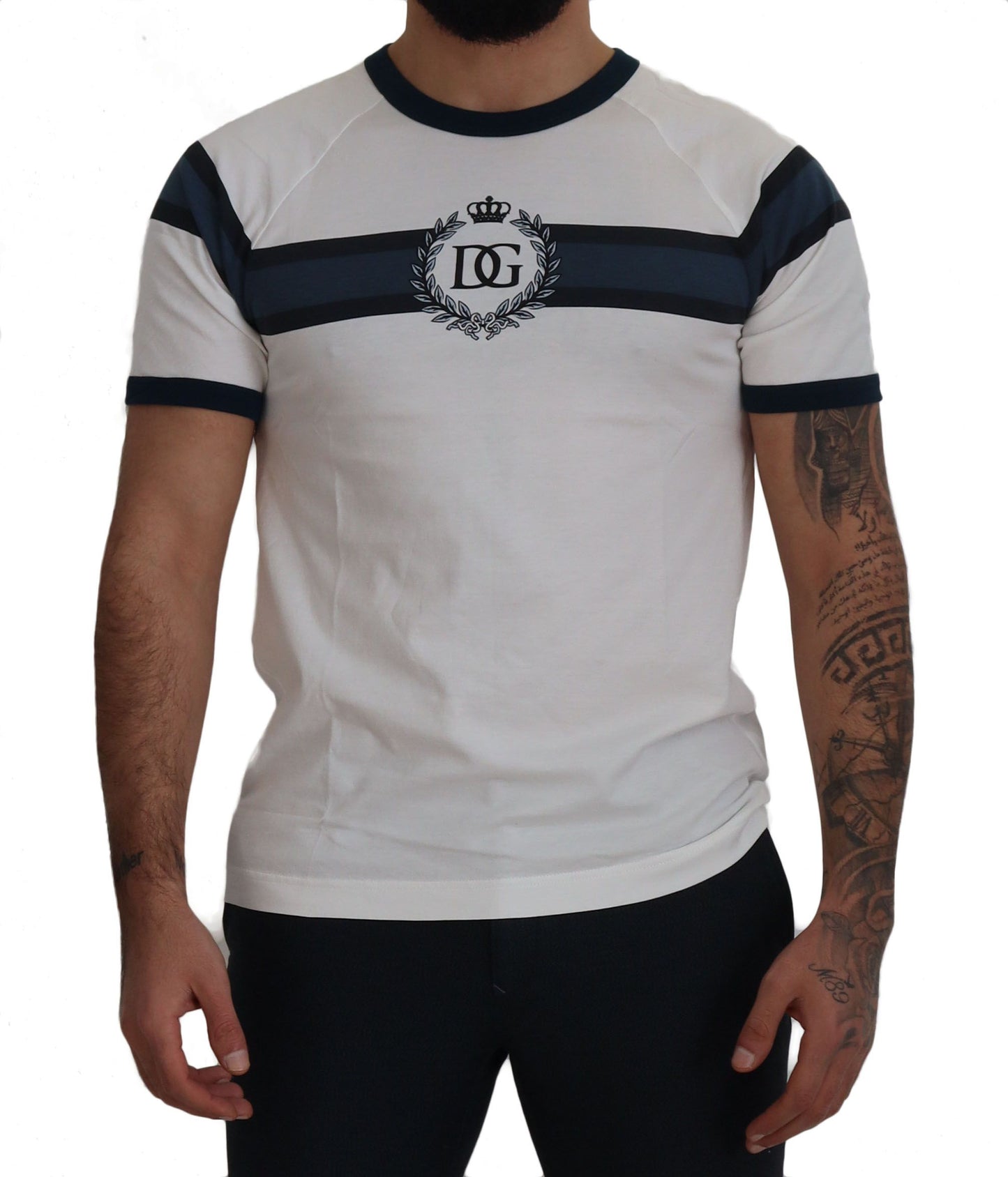 Weiß-blaues T-Shirt mit Rundhalsausschnitt aus Baumwolle