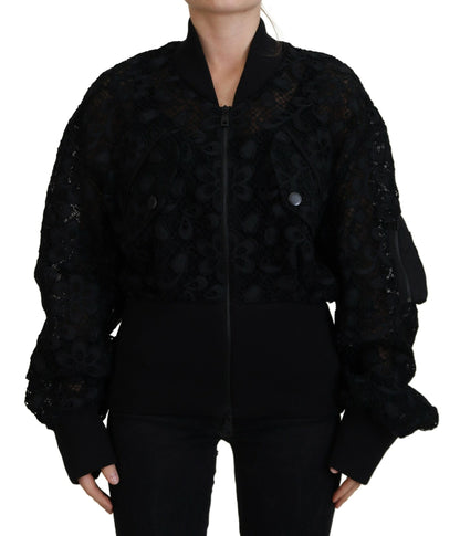 Schwarze Jacke mit durchgehendem Reißverschluss und floraler Spitze aus Baumwolle