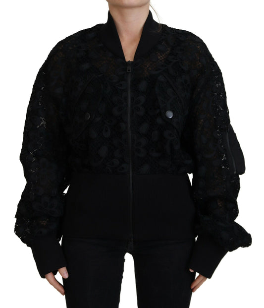 Schwarze Jacke mit durchgehendem Reißverschluss und floraler Spitze aus Baumwolle