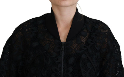 Schwarze Jacke mit durchgehendem Reißverschluss und floraler Spitze aus Baumwolle