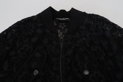 Schwarze Jacke mit durchgehendem Reißverschluss und floraler Spitze aus Baumwolle