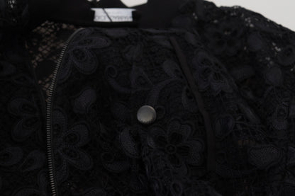 Schwarze Jacke mit durchgehendem Reißverschluss und floraler Spitze aus Baumwolle