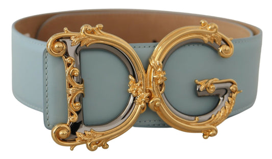 Blauer Ledergürtel mit breiter Taille DG Logo Barock und goldener Schnalle