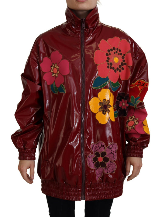 Maroon Floral Full Zip Polyester Damen Jacke