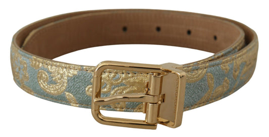 Blauer Leder-Jacquardgürtel mit geprägter goldener Metallschnalle
