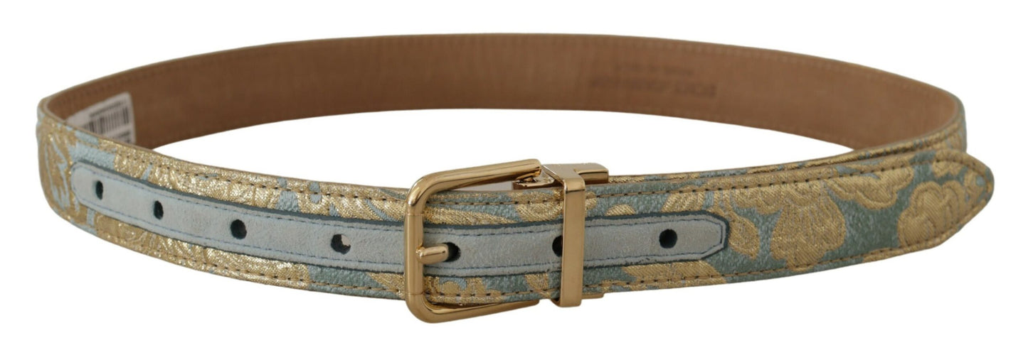 Blauer Leder-Jacquardgürtel mit geprägter goldener Metallschnalle