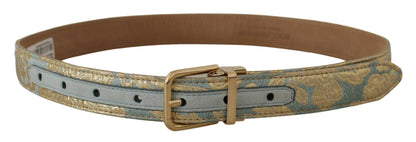 Blauer Leder-Jacquardgürtel mit geprägter goldener Metallschnalle