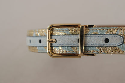 Blauer Leder-Jacquardgürtel mit geprägter goldener Metallschnalle