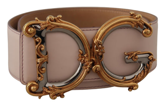 Rosa Leder breiter DG Logo Barock Gürtel mit goldener Schnalle