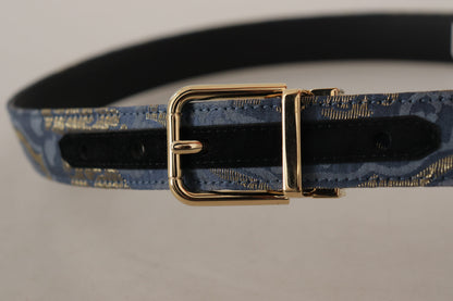 Marineblauer Jacquardgürtel mit goldfarbenem Logo und Metallschnalle