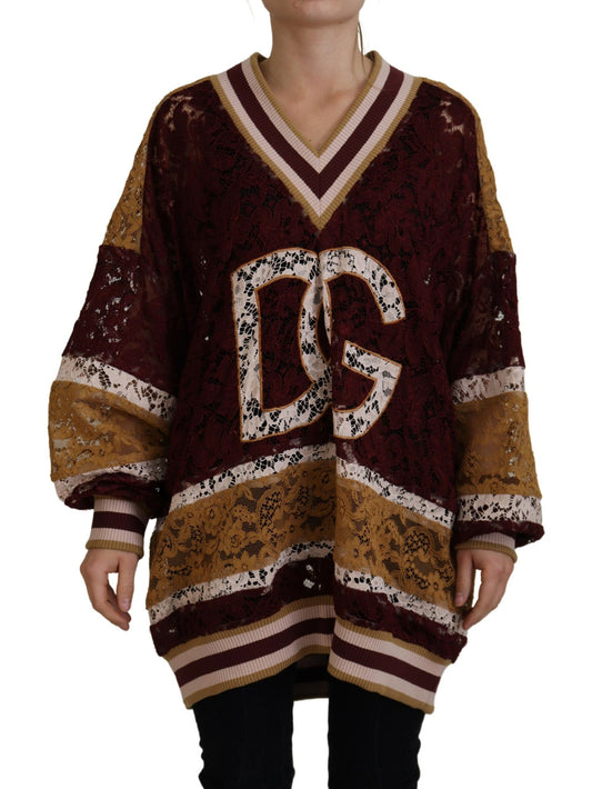 Multicolor Spitze Pullover mit V-Ausschnitt