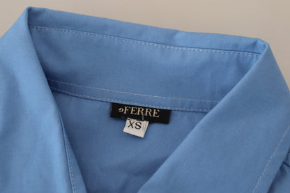 Blaues Baumwolloberteil mit langen Ärmeln und Knopfleiste