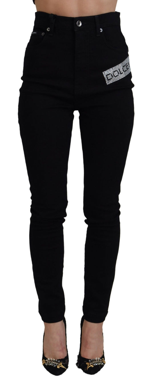 Schwarze Slim Fit Denim-Jeans aus Baumwolle mit Pailletten