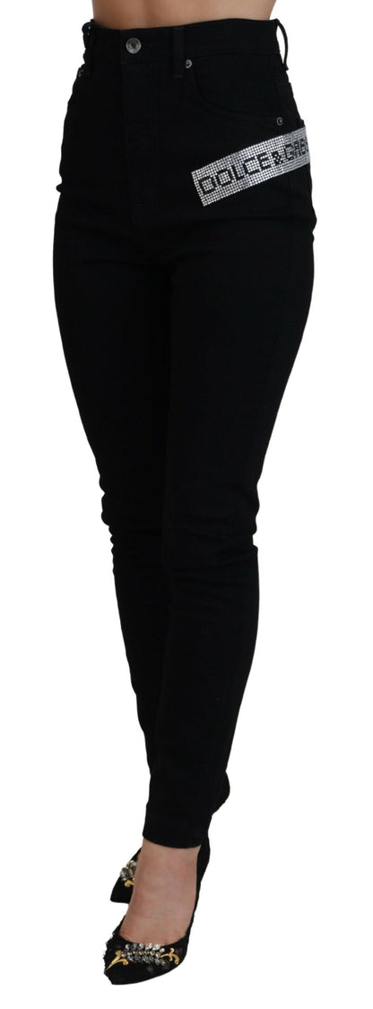 Schwarze Slim Fit Denim-Jeans aus Baumwolle mit Pailletten