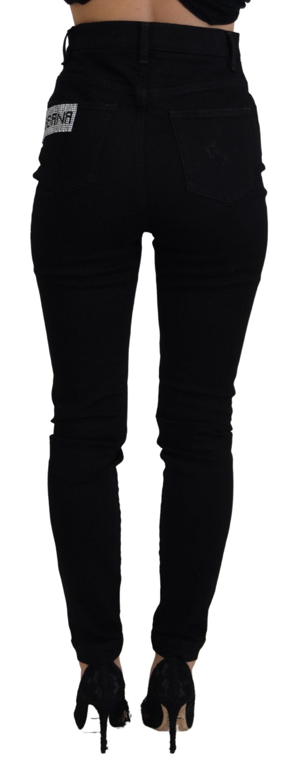 Schwarze Slim Fit Denim-Jeans aus Baumwolle mit Pailletten