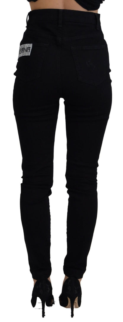 Schwarze Slim Fit Denim-Jeans aus Baumwolle mit Pailletten