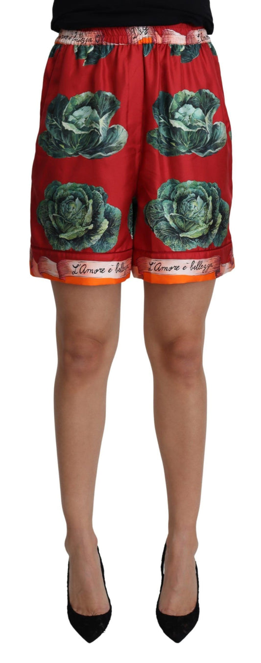 Rotkohl Print Seide Hohe Taille Shorts