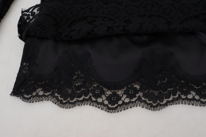 Schwarzes Baumwoll-Top mit Spitzenbesatz und langen Ärmeln