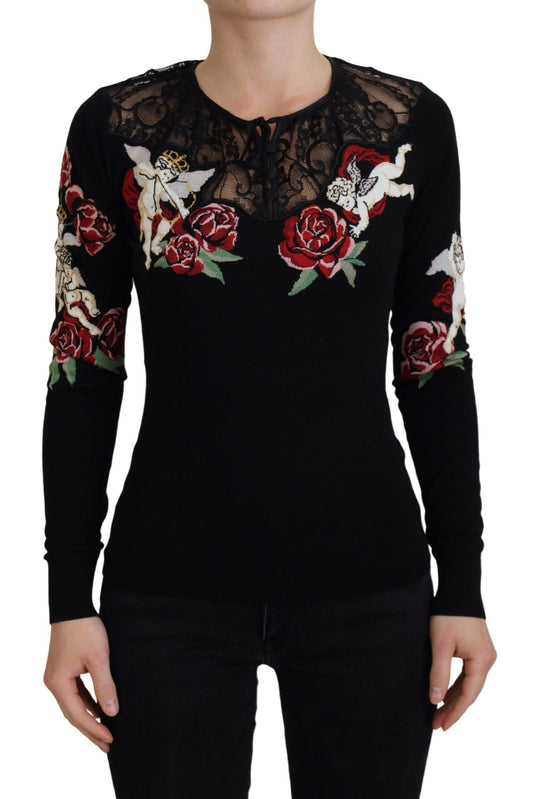 Schwarzer Seidenstrick-Rosen-Engel-Pullover