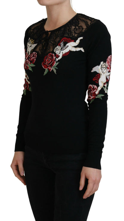 Schwarzer Seidenstrick-Rosen-Engel-Pullover