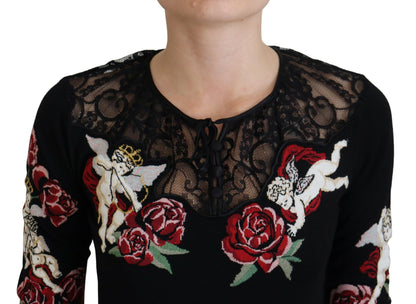 Schwarzer Seidenstrick-Rosen-Engel-Pullover